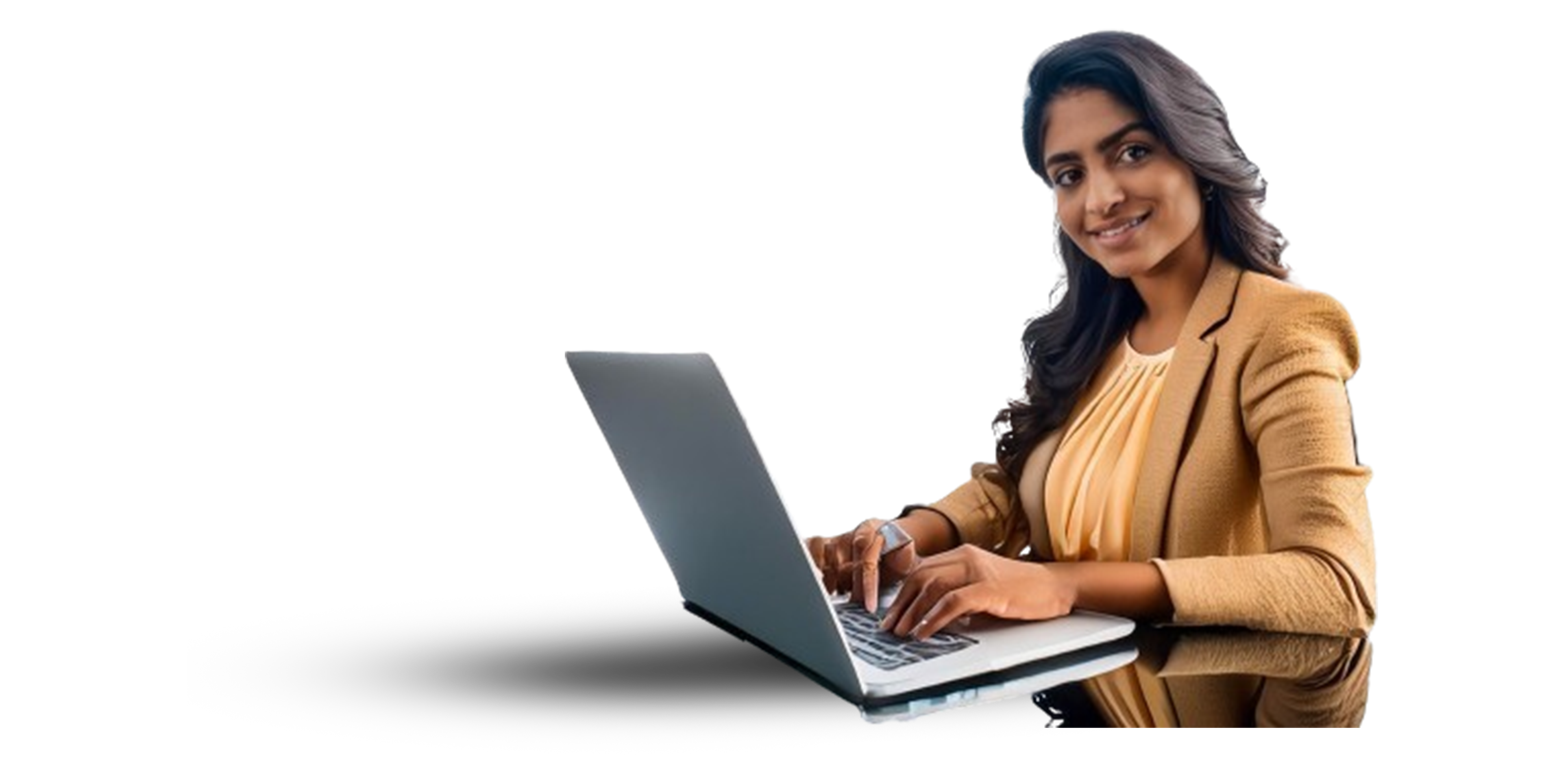 Professional woman smiling while working on a laptop, illustrating remote work, productivity, and modern business.