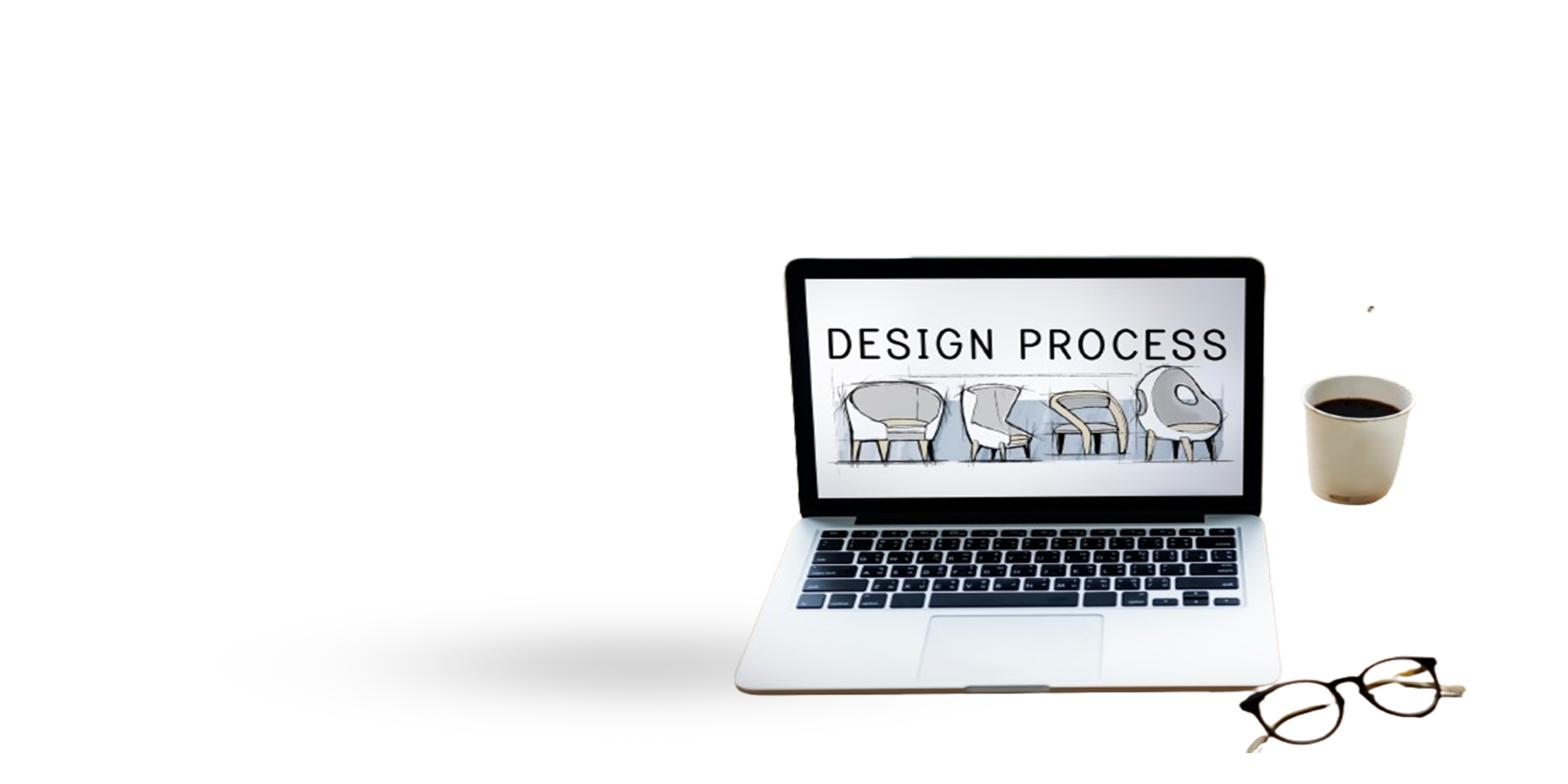 Design process illustrated on a laptop screen with a coffee cup and glasses