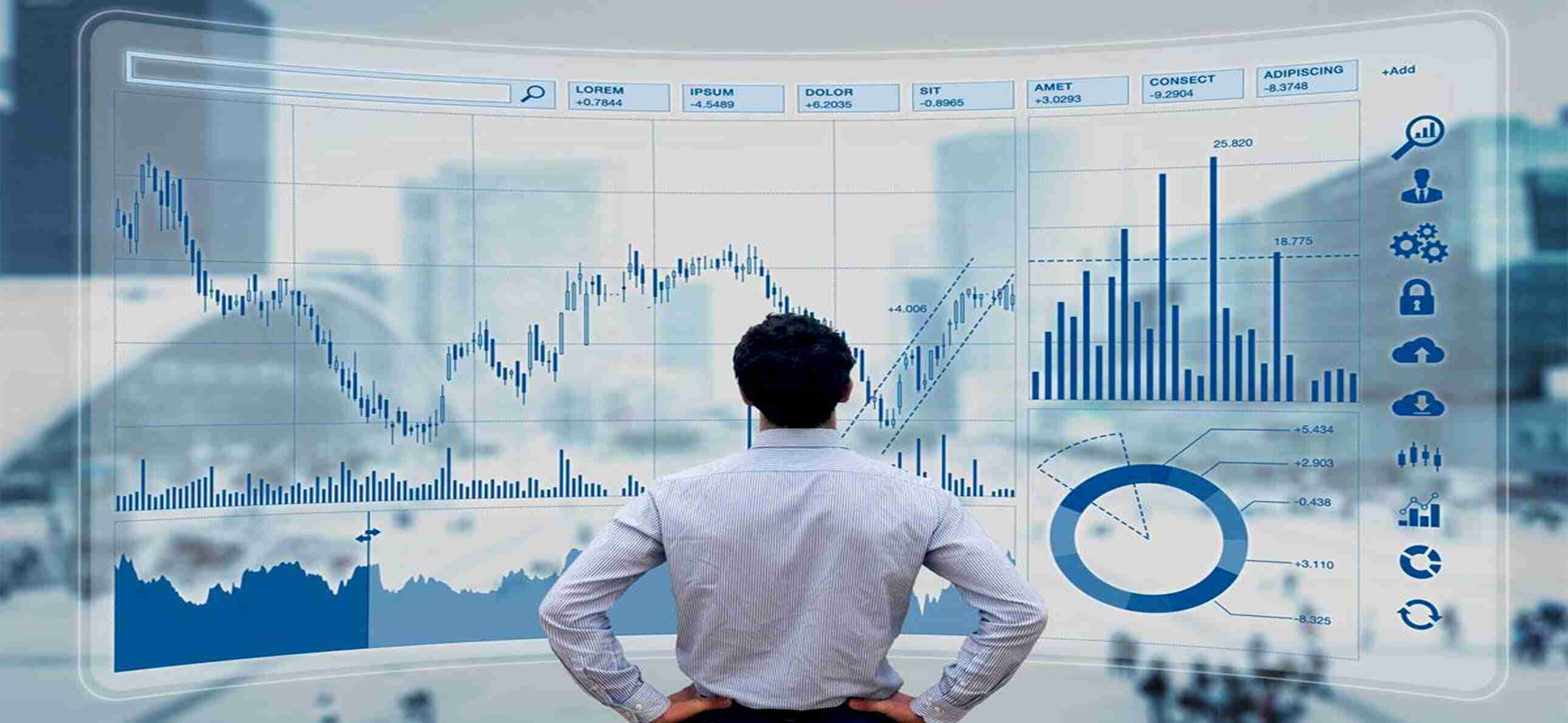 Business analyst reviewing financial data on a futuristic dashboard with various charts and graphs, showcasing market trends