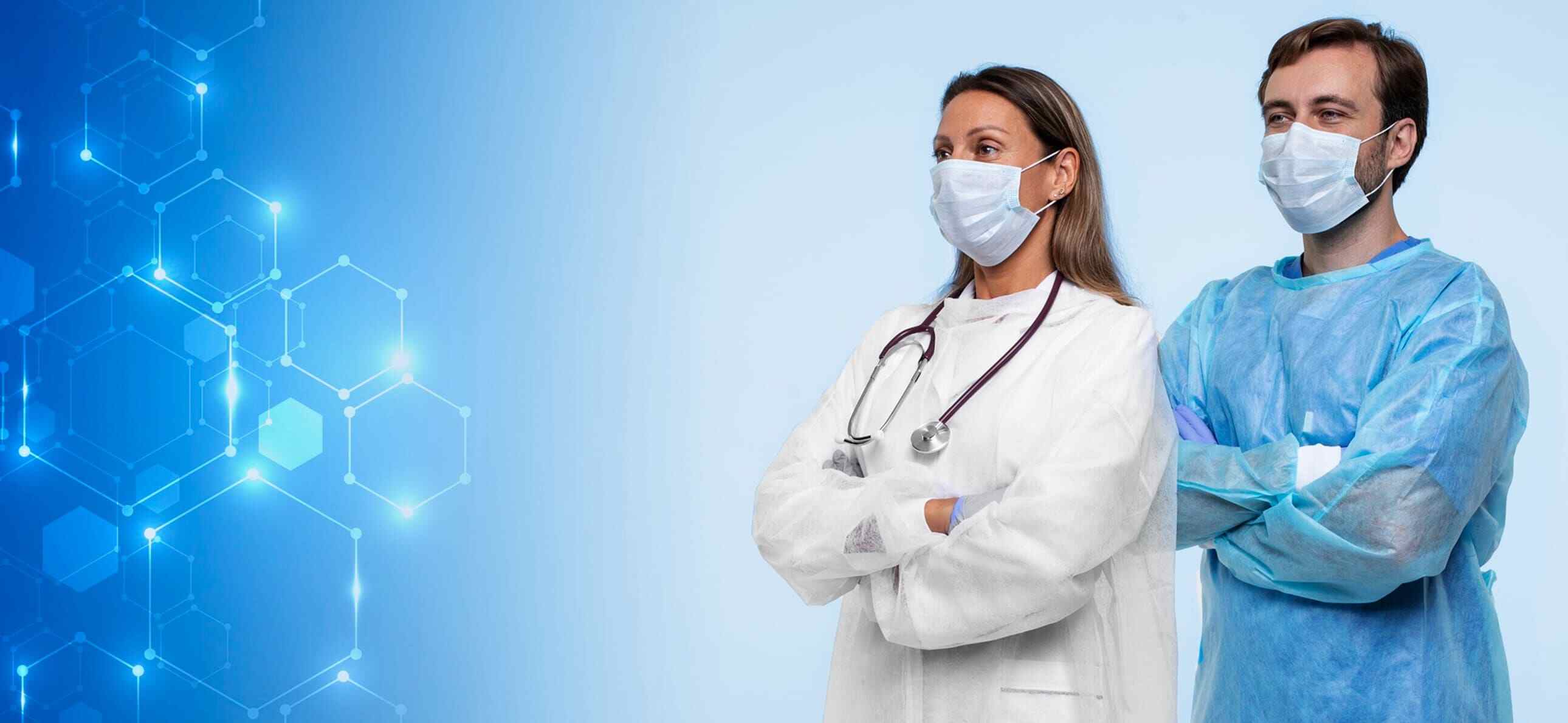 Healthcare professionals in protective gear, highlighting medical expertise and advanced healthcare solutions