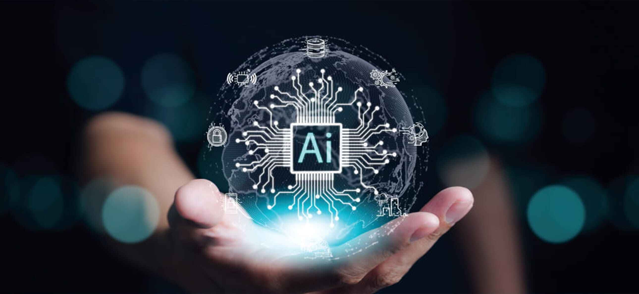 Hand holding a digital globe with AI icons and circuitry, symbolizing AI's impact on digital marketing