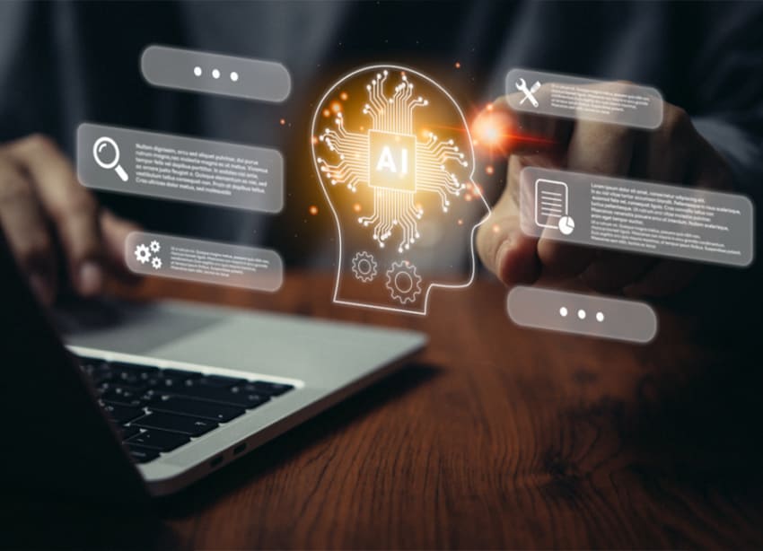 Typing on a laptop with AI icons, symbolizing AI's revolutionary impact on digital marketing by Bluggle Pvt Ltd