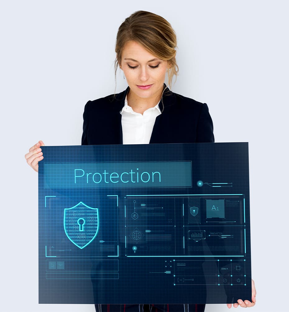 Cybersecurity protection concept with hands typing on a laptop, surrounded by digital security icons and AI elements